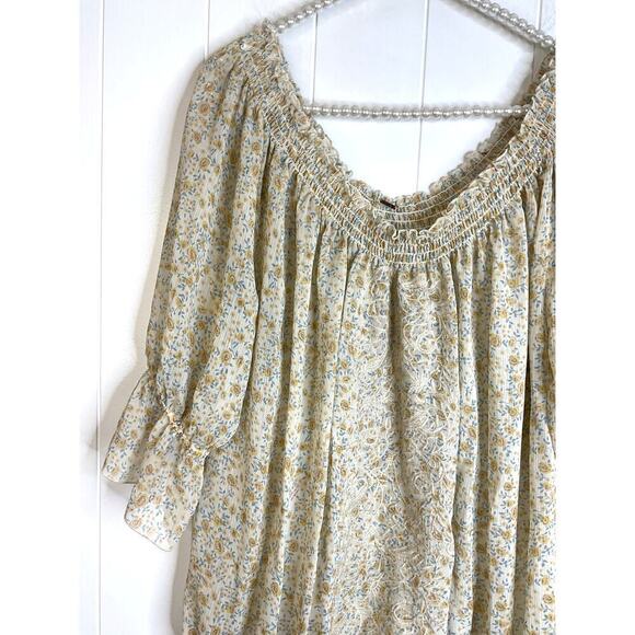 Free People Sheer Peasant Blouse in Yellow Floral Size Large - Picture 3 of 7